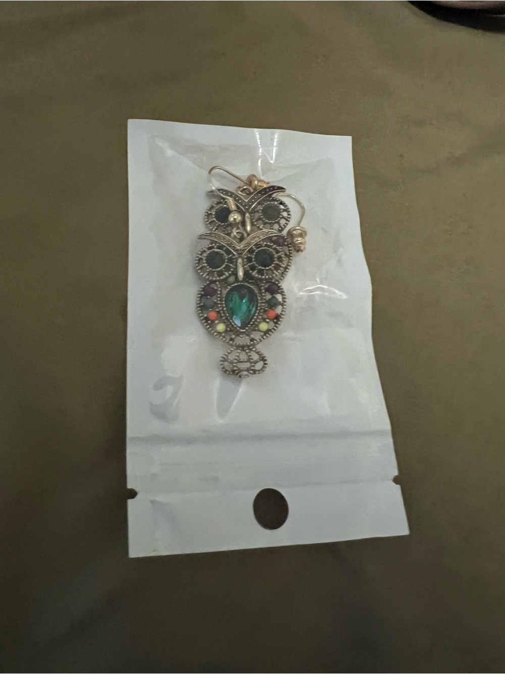 Gold-Tone Owl Earrings with Green Accent